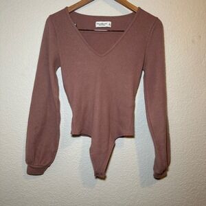Abercrombie & Fitch Womens S Bodysuit Sweater Long Sleeve V Neck Pink Soft Cozy
